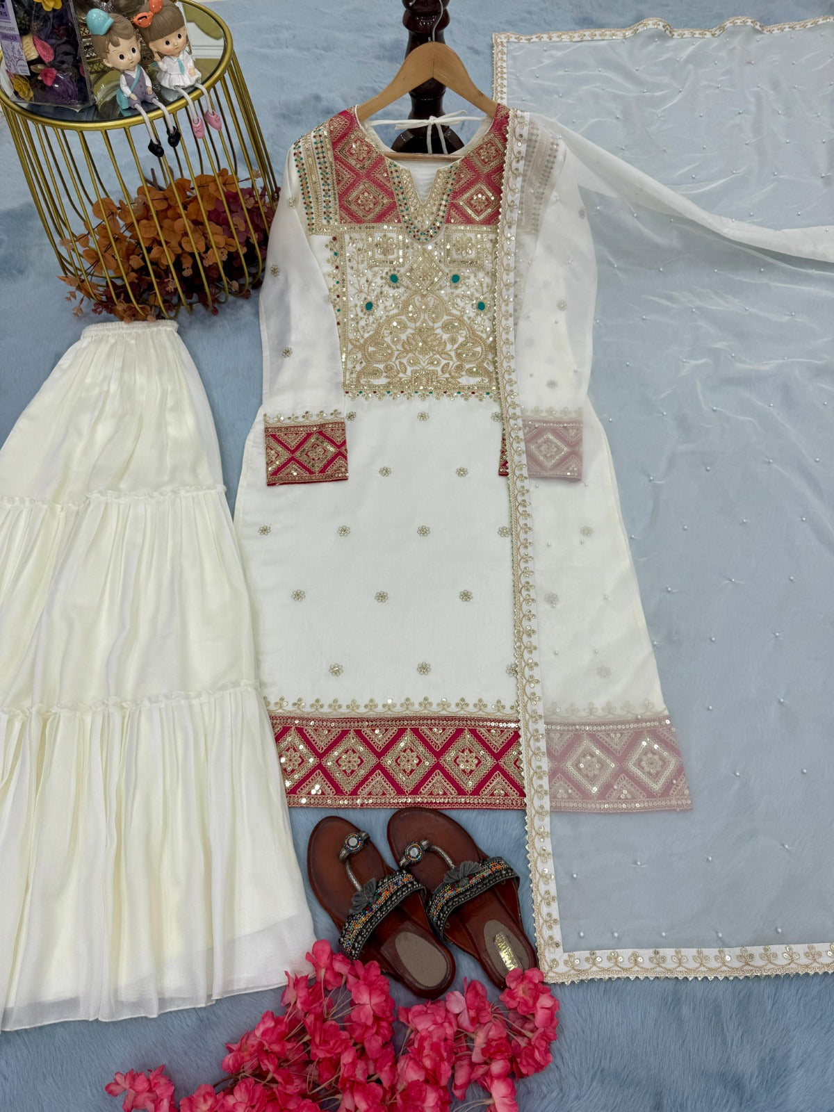 Pur Vichitra Silk Top Sarara Plazzo & Dupatta Set-RF13452