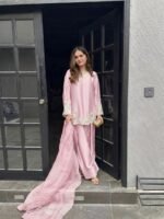 Pink Satin Silk Embroidered Shalwar Kameez with Heavy Dupatta