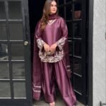 Maroon Satin Silk Embroidered Shalwar Kameez with Dupatta