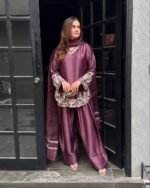 Maroon Satin Silk Embroidered Shalwar Kameez with Dupatta