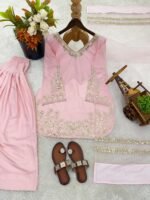 Pink Satin Silk Embroidered Shalwar Kameez with Heavy Dupatta - Image 2