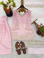 Pink Satin Silk Embroidered Shalwar Kameez with Heavy Dupatta - Image 3