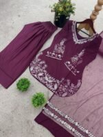 Maroon Satin Silk Embroidered Shalwar Kameez with Dupatta - Image 2